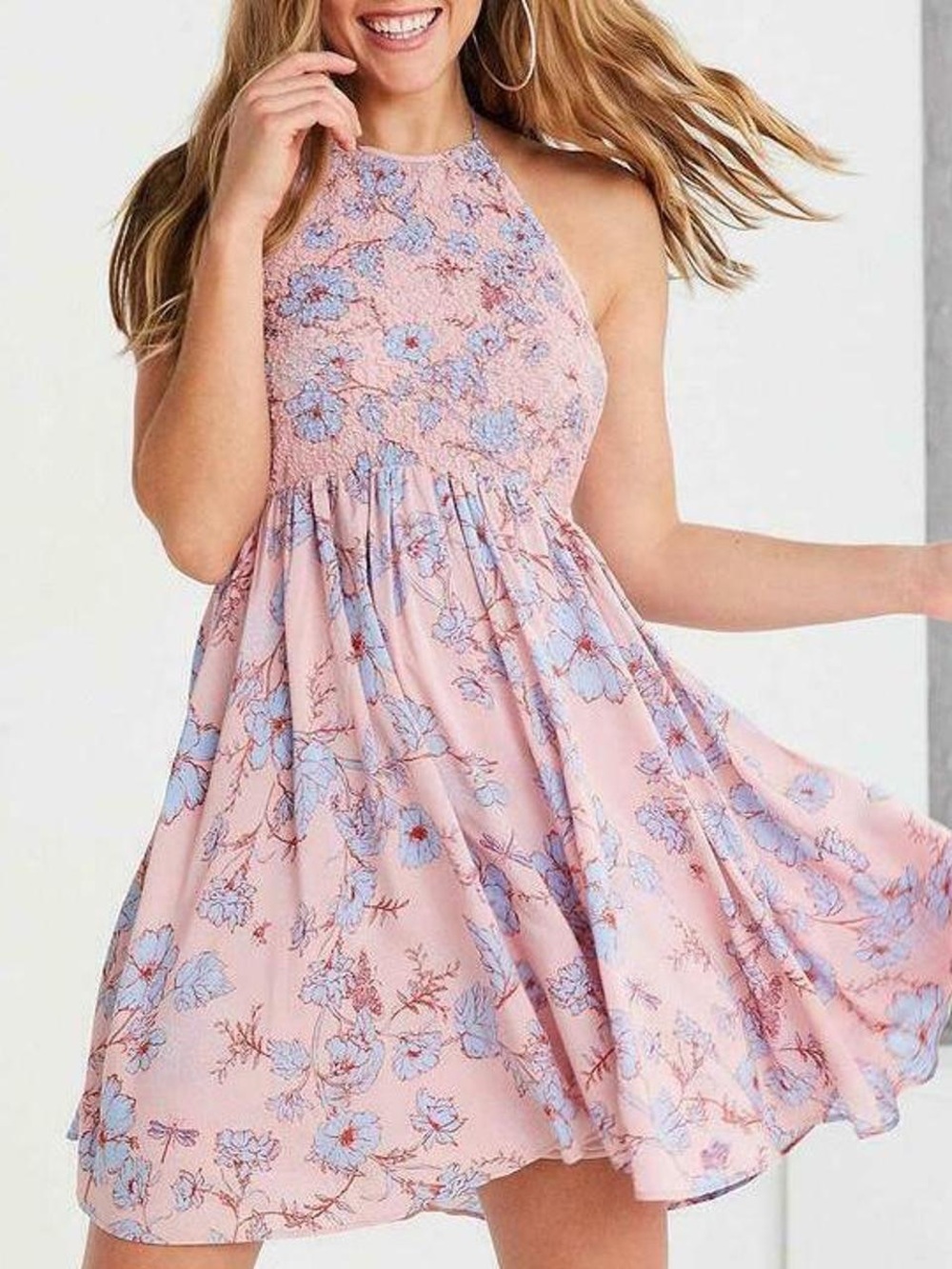 Kimchi Blue Pink Floral Halter Dress with Blue and Coral Details